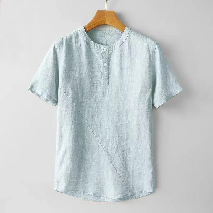 Buddha Stones Solid Color Short Sleeve Two Top Buttons Cotton Linen Men's Shirt - LightBlue - US/UK/AU44，EU54 (4XL) - image 8