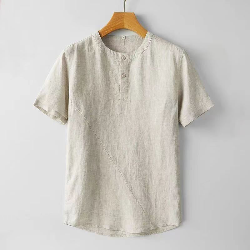 Buddha Stones Solid Color Short Sleeve Two Top Buttons Polyseter Linen Men's Shirt - Beige - US/UK/AU44，EU54 (4XL) - image 6