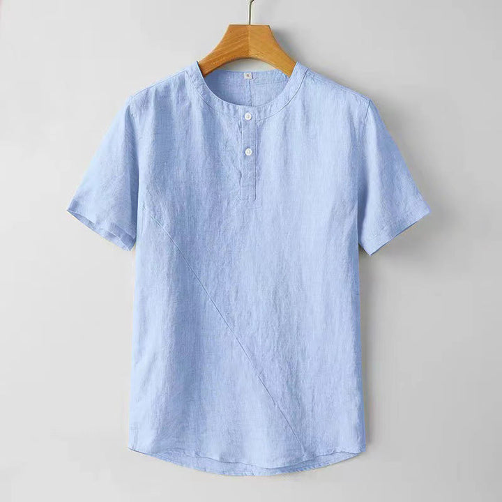 Buddha Stones Solid Color Short Sleeve Two Top Buttons Cotton Linen Men's Shirt