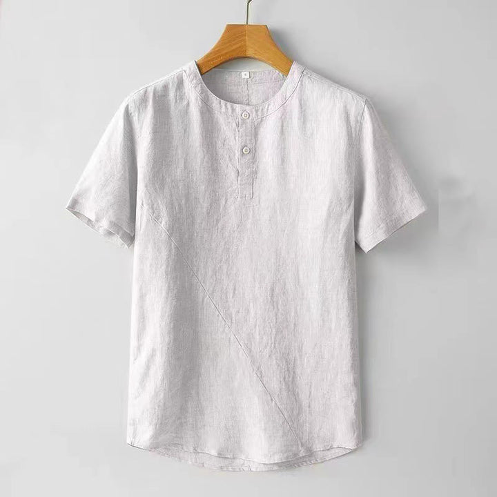 Buddha Stones Solid Color Short Sleeve Two Top Buttons Cotton Linen Men's Shirt