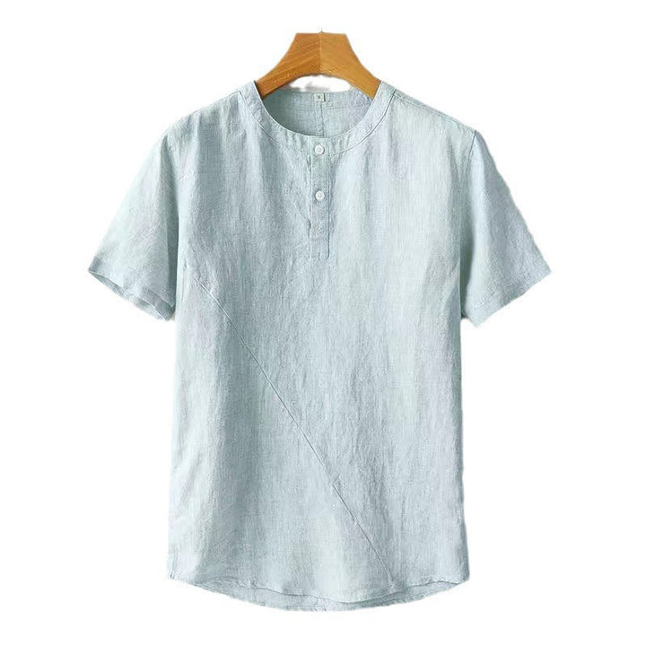 Buddha Stones Solid Color Short Sleeve Two Top Buttons Polyseter Linen Men's Shirt - image 9
