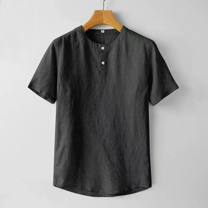 Buddha Stones Solid Color Short Sleeve Two Top Buttons Cotton Linen Men's Shirt