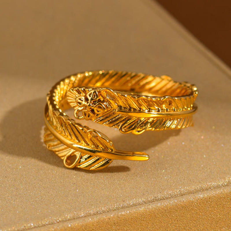 Buddha Stones River Gold Plated Copper Feather Design Wealth Ring