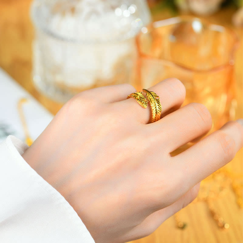 Buddha Stones River Gold Plated Copper Feather Design Wealth Ring