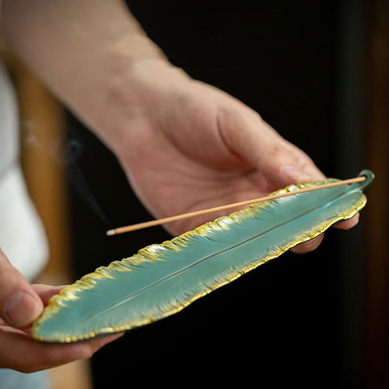 Buddha Stones Green Feather Gold Edge Healing Ceramic Incense Burner Decoration - image 5