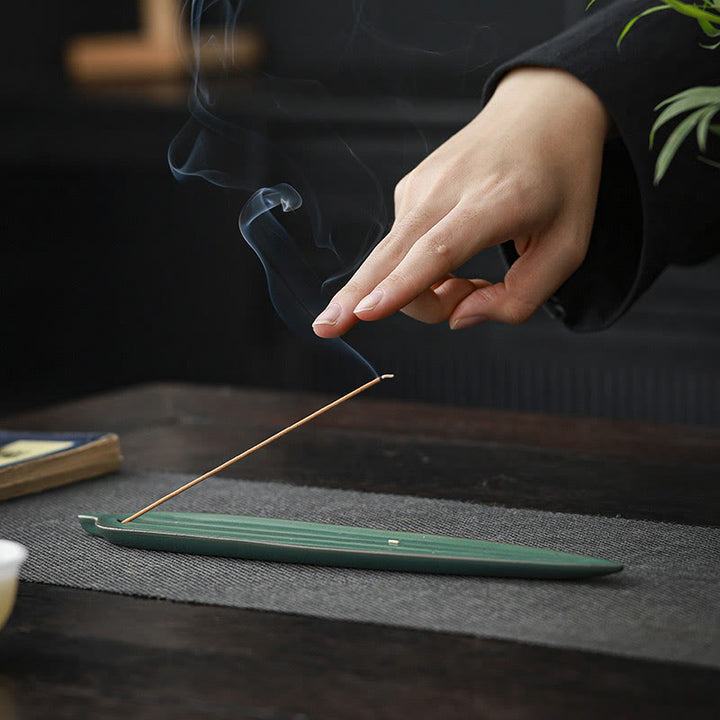 Buddha Stones Green Bamboo Leaf Healing Ceramic Incense Burner Decoration - image 6