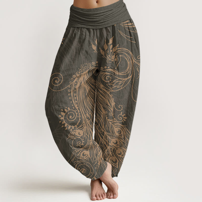 Buddha Stones Casual Peacock Design Women's Elastic Waist Harem Pants - DimGray - US22，UK/AU26，EU54 (6XL) - image 0