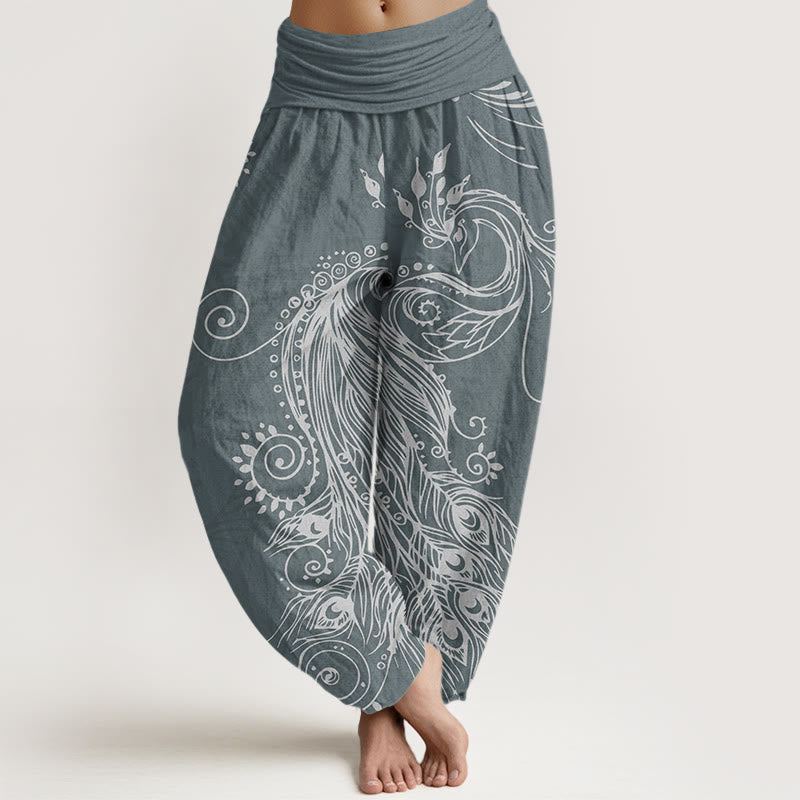 Buddha Stones Casual Peacock Design Women's Elastic Waist Harem Pants