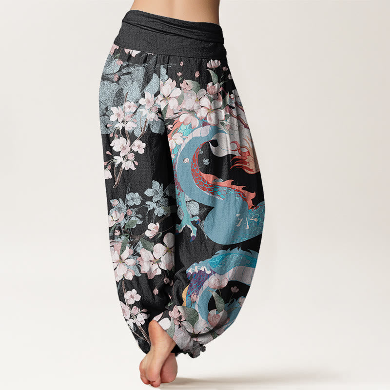 Buddha Stones Cotton Casual Dragon Cherry Blossoms Women's Elastic Waist Harem Pants - image 1