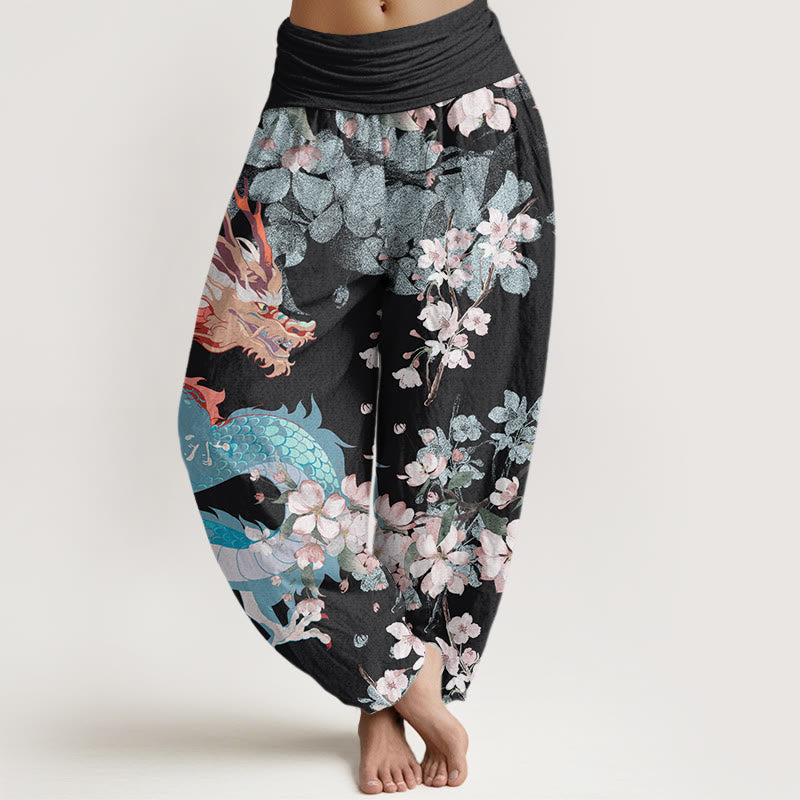 Buddha Stones Casual Dragon Cherry Blossoms Women's Elastic Waist Harem Pants - Black - US22，UK/AU26，EU54 (6XL) - image 0