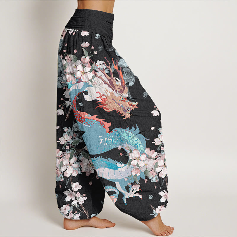 Buddha Stones Casual Dragon Cherry Blossoms Women's Elastic Waist Harem Pants