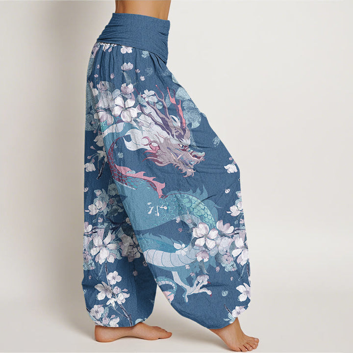 Buddha Stones Casual Dragon Cherry Blossoms Women's Elastic Waist Harem Pants - image 6