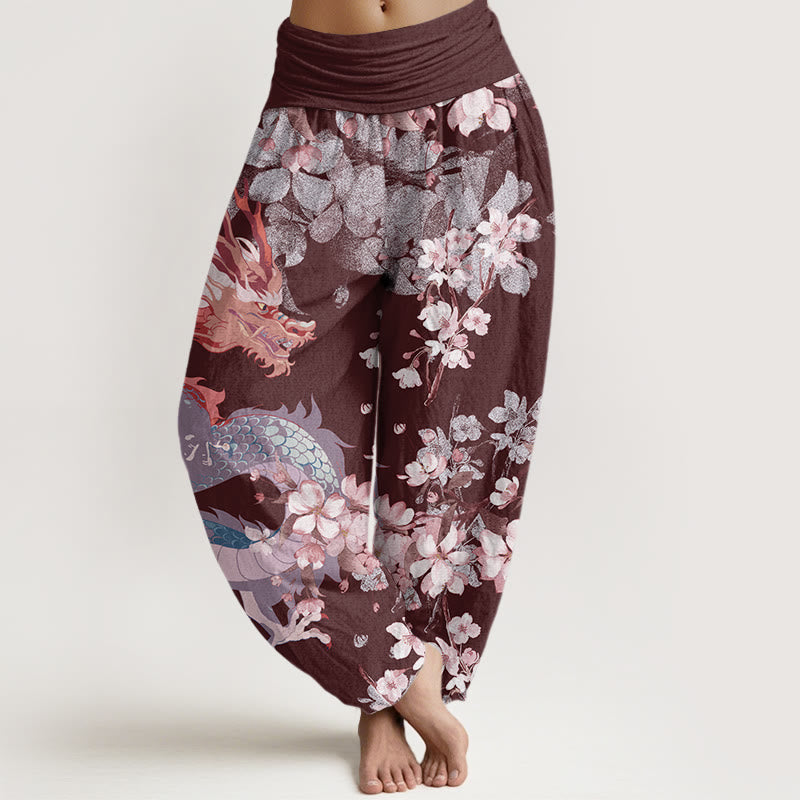 Buddha Stones Casual Dragon Cherry Blossoms Women's Elastic Waist Harem Pants