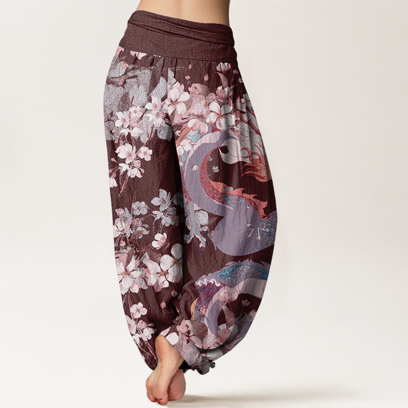 Buddha Stones Casual Dragon Cherry Blossoms Women's Elastic Waist Harem Pants