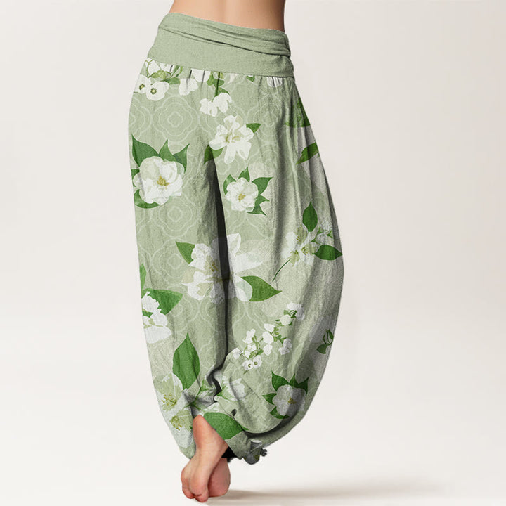 Buddha Stones Casual White Magnolia Flowers Leaves Women's Elastic Waist Harem Pants