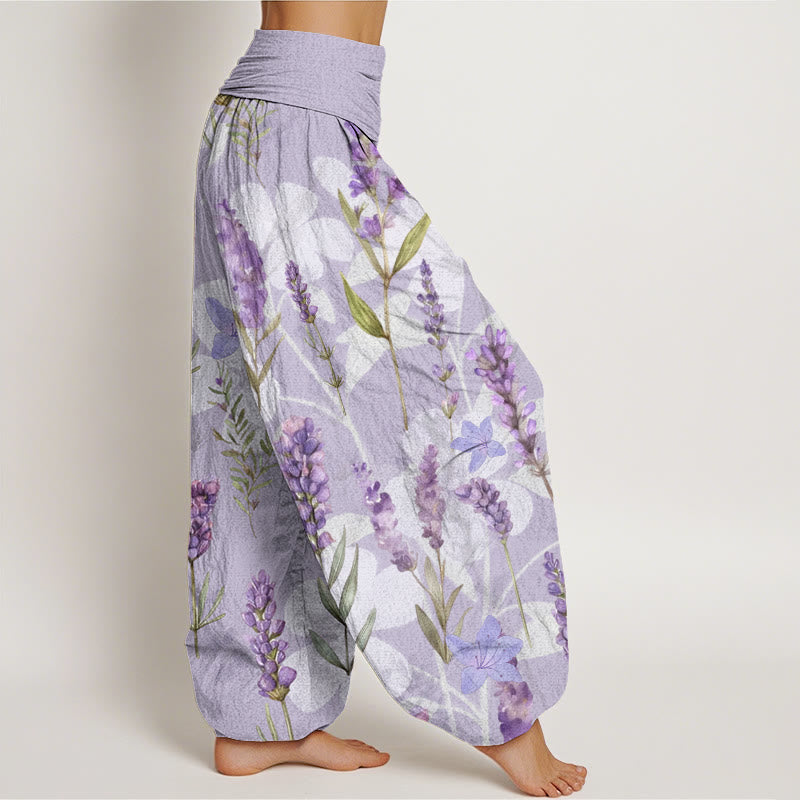 Buddha Stones Casual Lavender Flowers Lilies Women's Elastic Waist Harem Pants