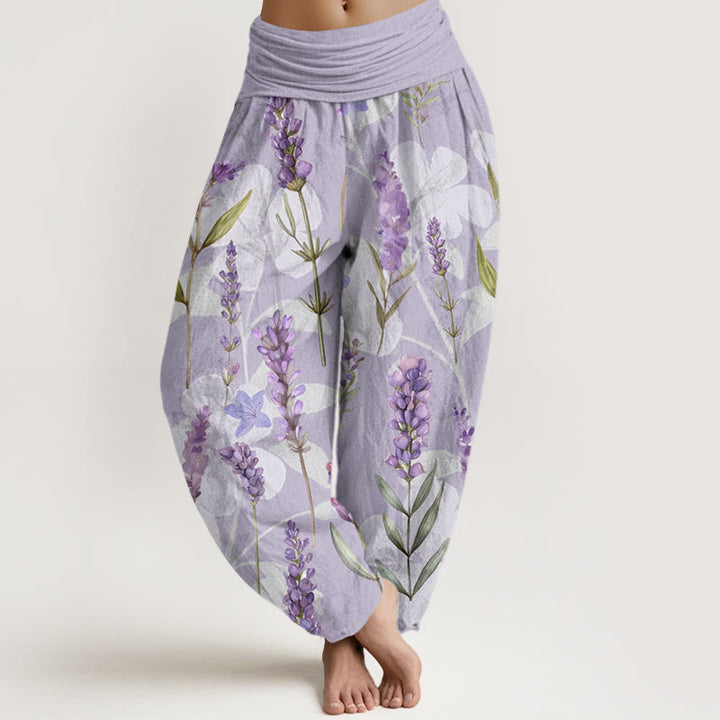 Buddha Stones Casual Lavender Flowers Lilies Women's Elastic Waist Harem Pants