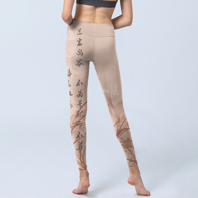 Buddha Stones Calligraphy Orchid Print Gym Leggings Women's Yoga Pants