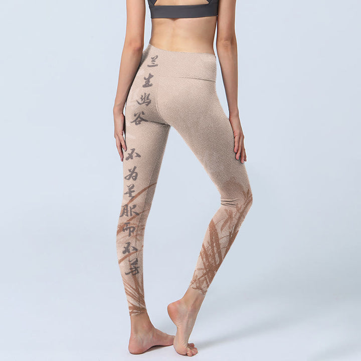 Buddha Stones Calligraphy Orchid Print Gym Leggings Women's Yoga Pants