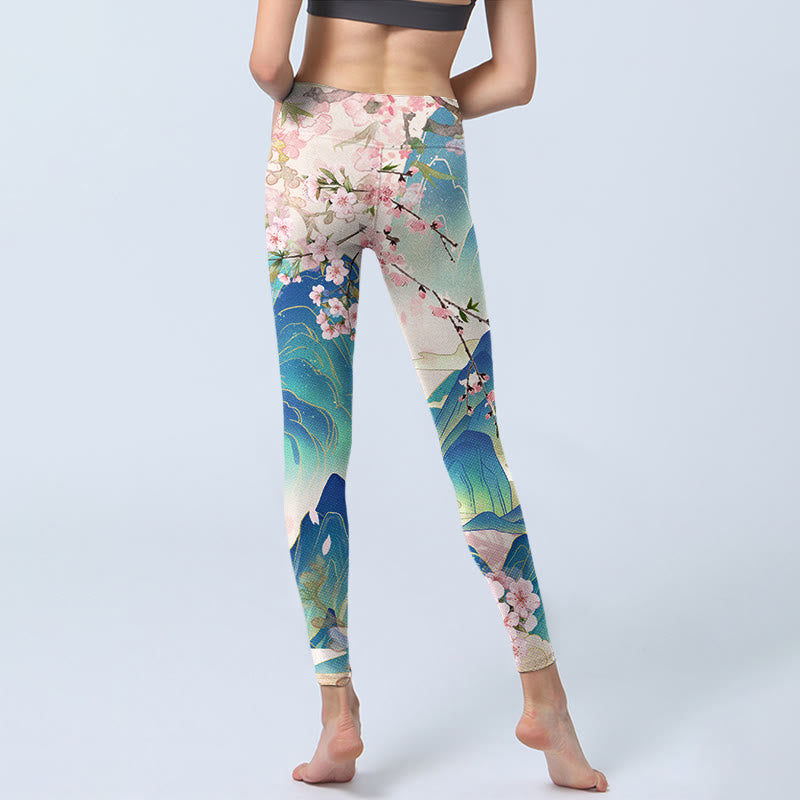 Buddha Stones Plum Blossoms Mountains Print Gym Leggings Women's Yoga Pants