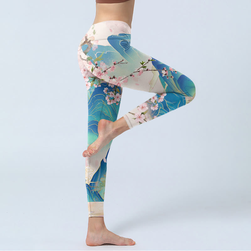 Buddha Stones Plum Blossoms Mountains Print Gym Leggings Women's Yoga Pants