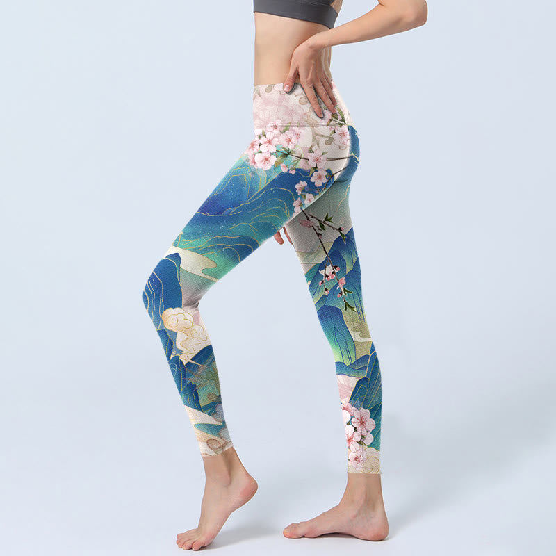 Buddha Stones Plum Blossoms Mountains Print Gym Leggings Women's Yoga Pants