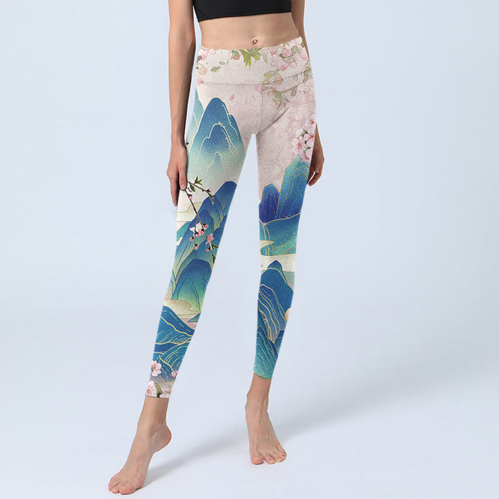 Buddha Stones Plum Blossoms Mountains Print Gym Leggings Women's Yoga Pants