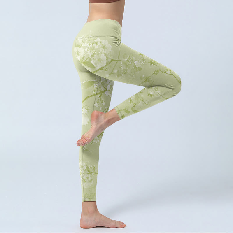 Buddha Stones White Plum Blossoms Print Gym Leggings Women's Yoga Pants