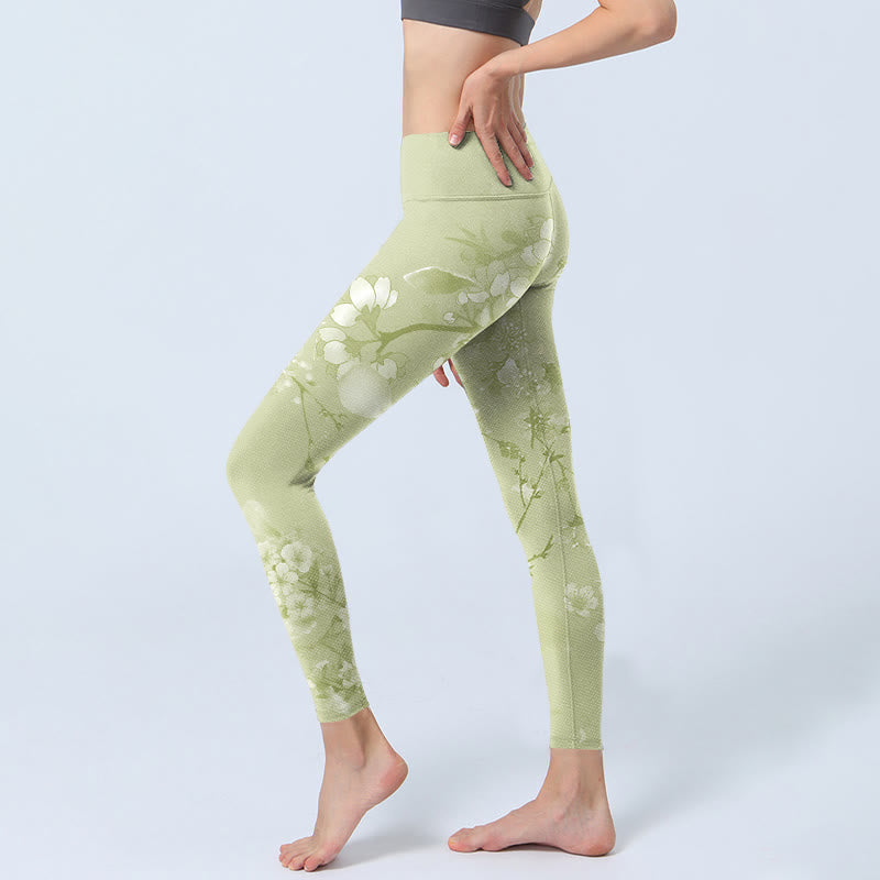 Buddha Stones White Plum Blossoms Print Gym Leggings Women's Yoga Pants