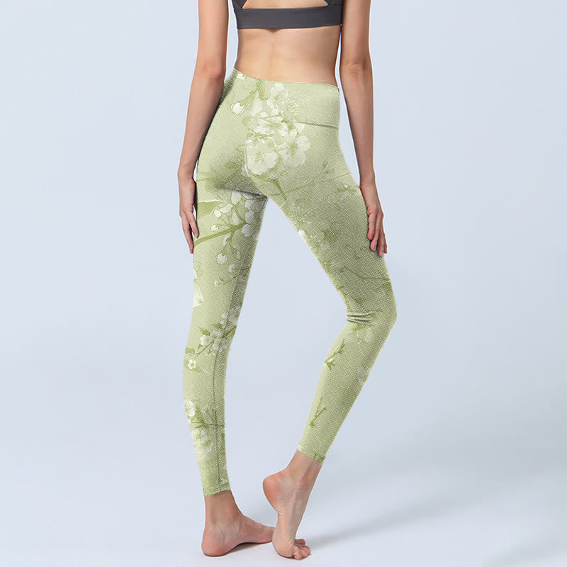 Buddha Stones White Plum Blossoms Print Gym Leggings Women's Yoga Pants