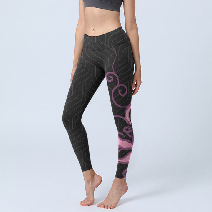 Buddha Stones Black Pink Lotus Flower Print Gym Leggings Women's Yoga Pants