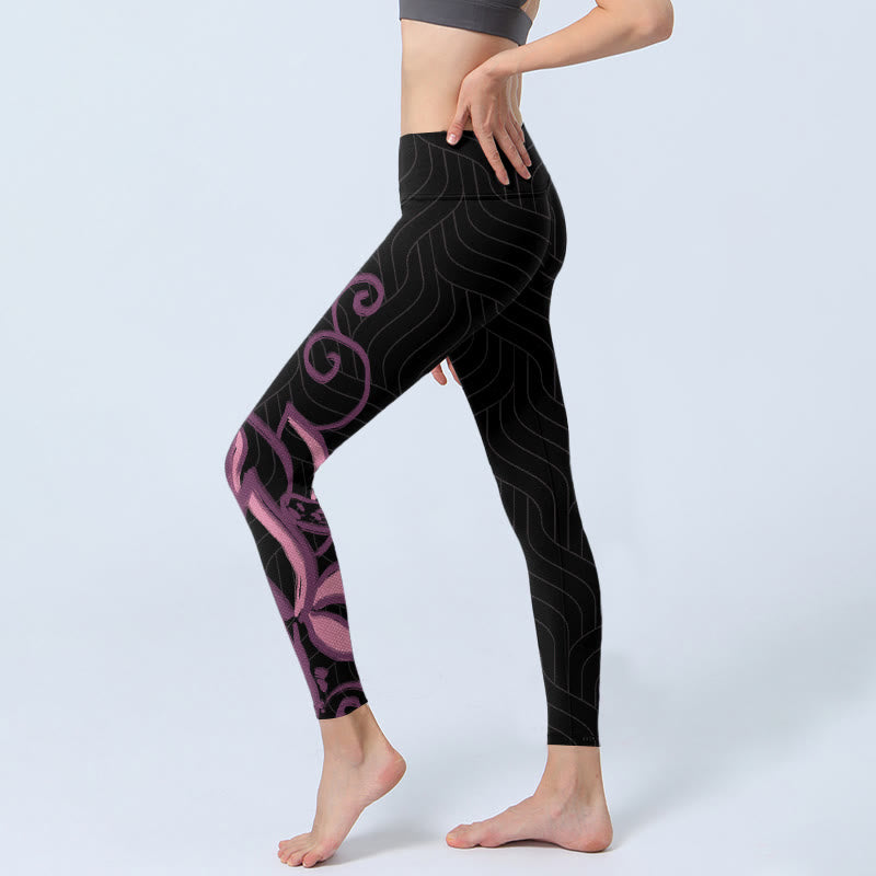 Buddha Stones Black Pink Lotus Flower Print Gym Leggings Women's Yoga Pants - image 2