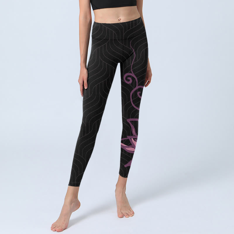 Buddha Stones Black Pink Lotus Flower Print Gym Leggings Women's Yoga Pants