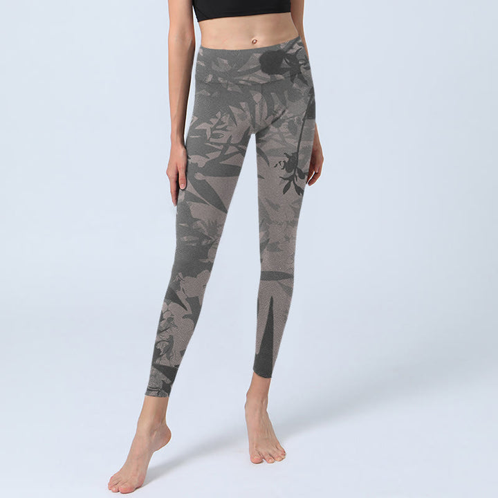 Buddha Stones Gray Leaves Print Gym Leggings Women's Yoga Pants - image 5