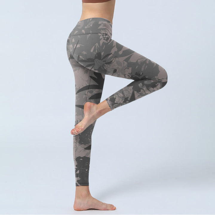 Buddha Stones Gray Leaves Print Gym Leggings Women's Yoga Pants