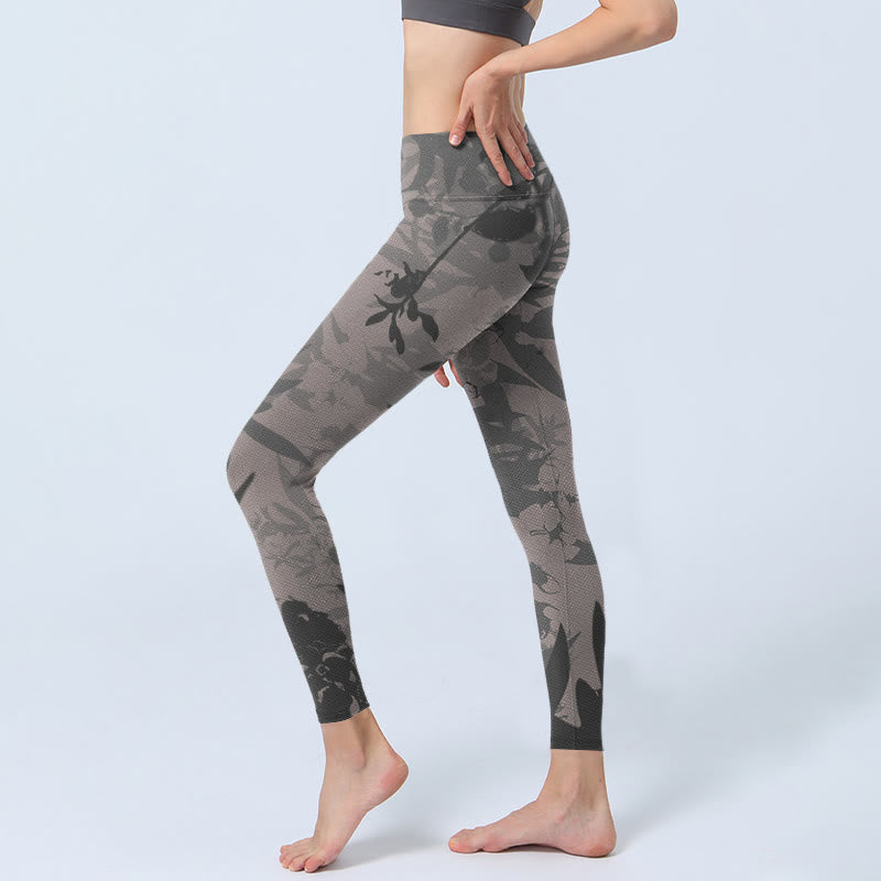 Buddha Stones Gray Leaves Print Gym Leggings Women's Yoga Pants