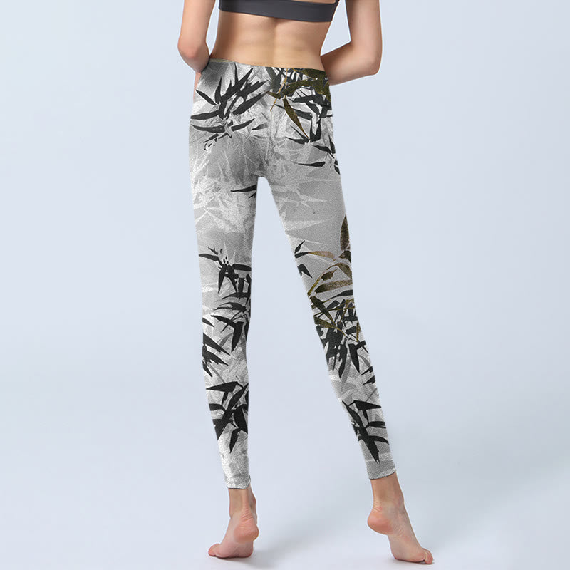 Buddha Stones Dark Gray Bamboo Leaves Print Gym Leggings Women's Yoga Pants