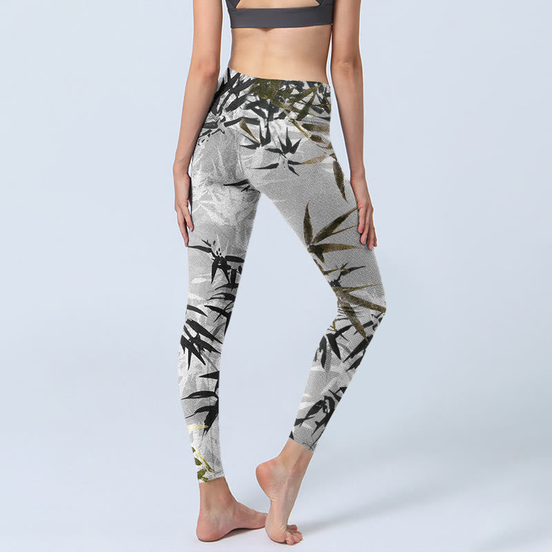 Buddha Stones Dark Gray Bamboo Leaves Print Gym Leggings Women's Yoga Pants