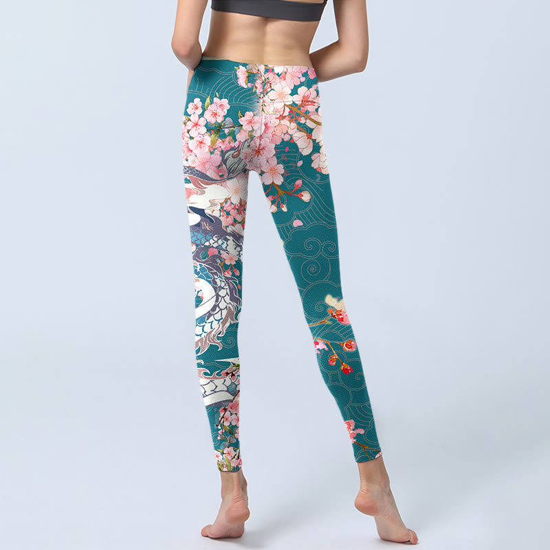 Buddha Stones Dragon Cherry Blossoms Print Gym Leggings Women's Yoga Pants - image 6