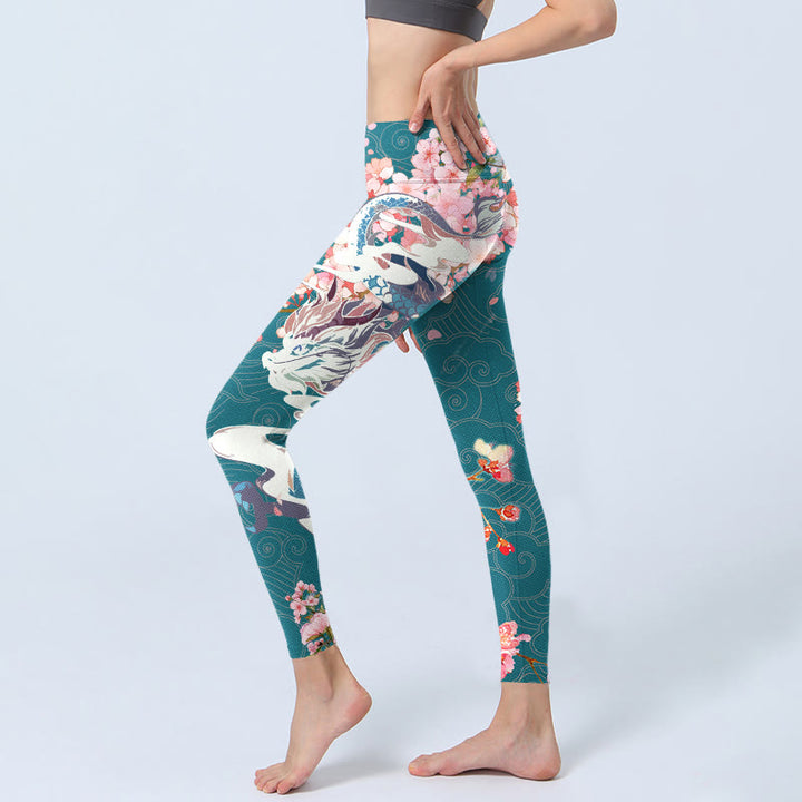 Buddha Stones Dragon Cherry Blossoms Print Gym Leggings Women's Yoga Pants - image 2