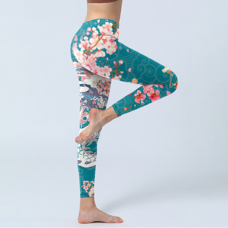 Buddha Stones Dragon Cherry Blossoms Print Gym Leggings Women's Yoga Pants