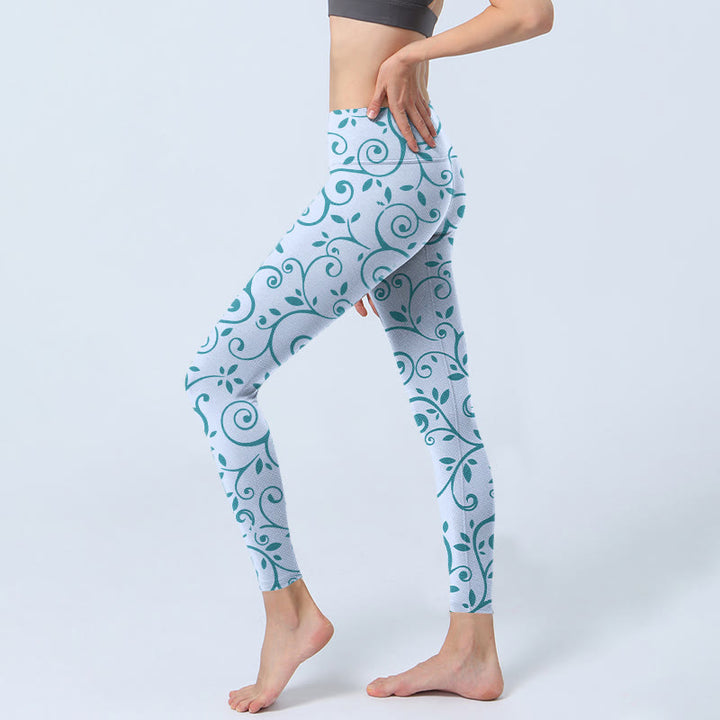 Buddha Stones Blue Vine Leaves Print Gym Leggings Women's Yoga Pants