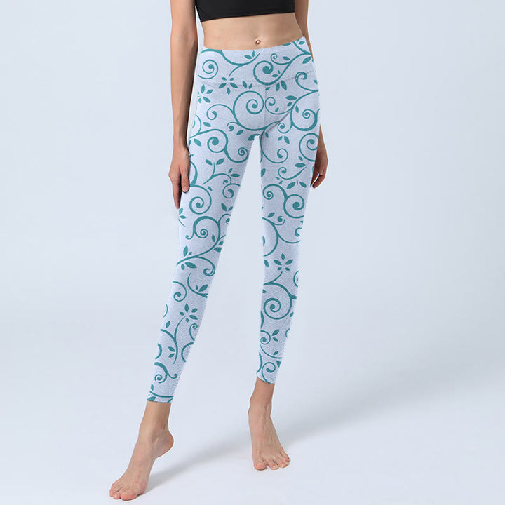 Buddha Stones Blue Vine Leaves Print Gym Leggings Women's Yoga Pants