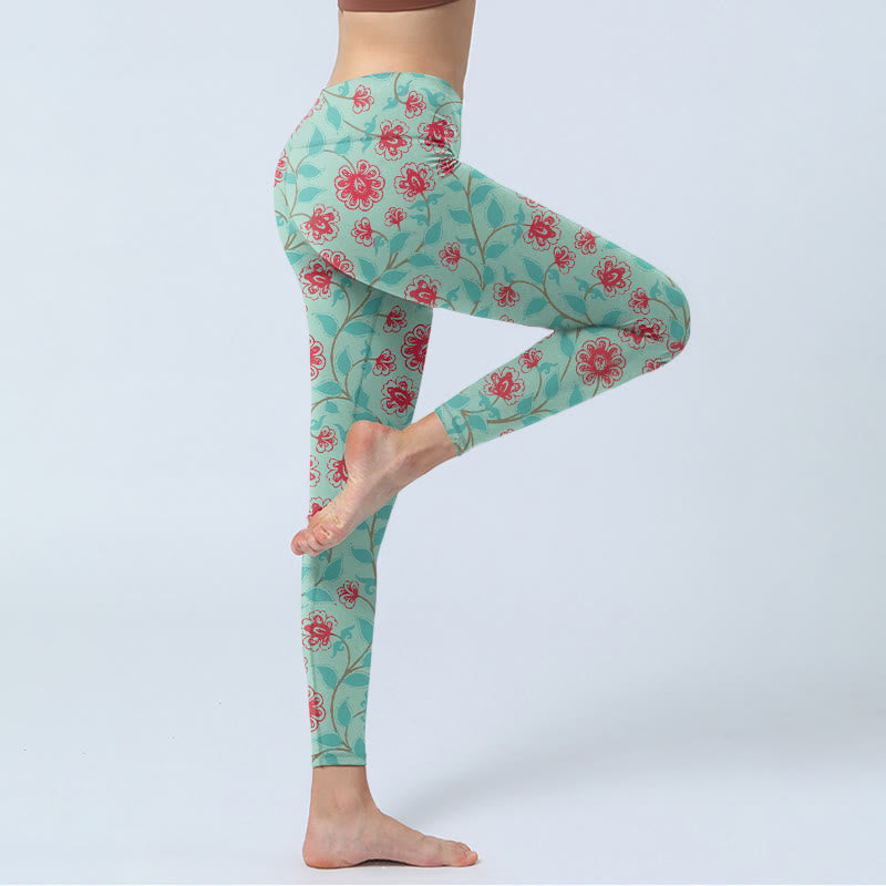 Buddha Stones Vine Leaves Blossom Print Gym Leggings Women's Yoga Pants