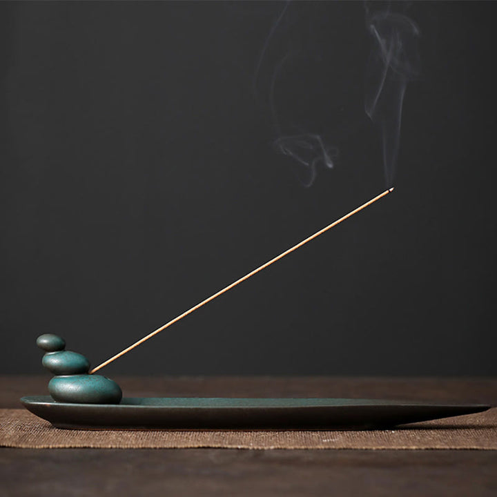 Buddha Stones Three Stones Waves Butterfly Bamboo Healing Ceramic Stick Incense Burner Decoration - Three Stones 24.2*4.6*5.6cm - image 0