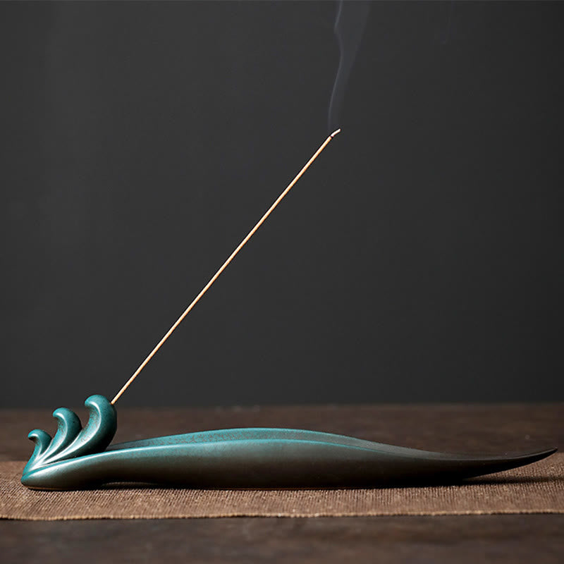 Buddha Stones Three Stones Waves Butterfly Bamboo Healing Ceramic Stick Incense Burner Decoration - Waves 24.2*4*3.5cm - image 7