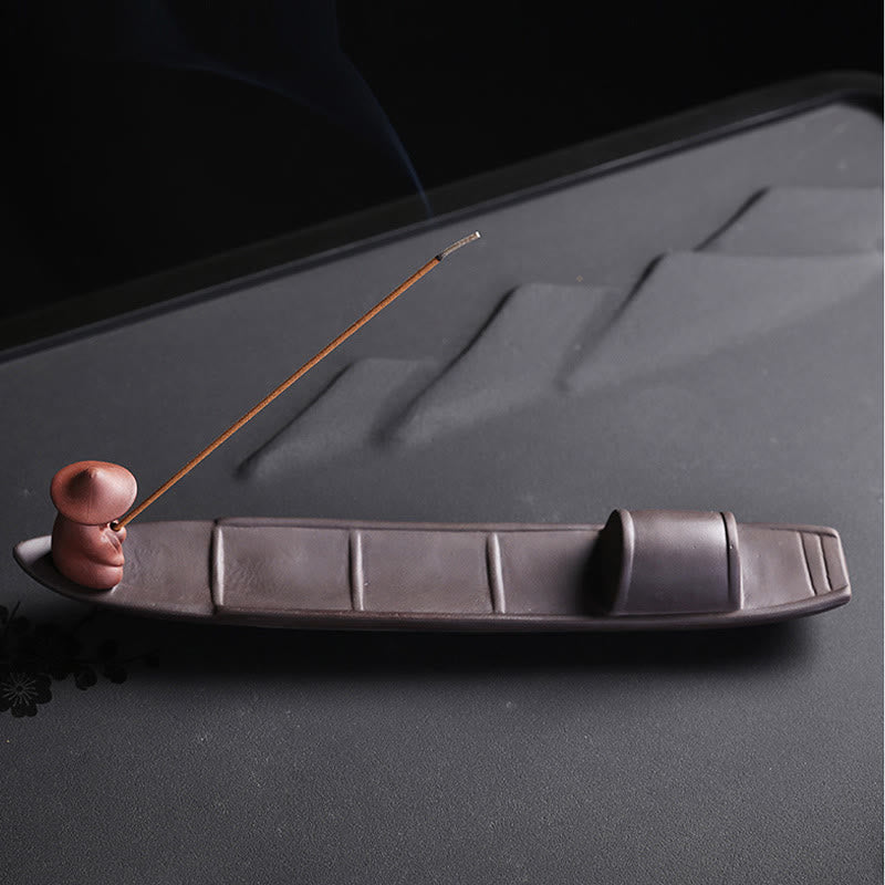Buddha Stones Fisherman Boat Purple Clay Peace Healing Ceramic Stick Incense Burner Decoration - image 4