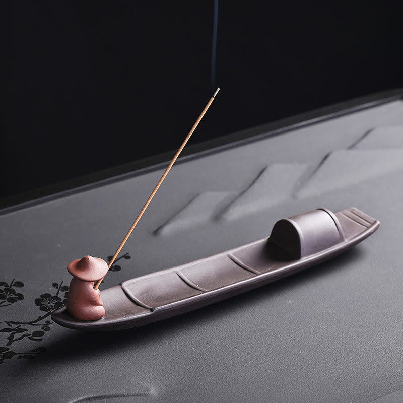 Buddha Stones Fisherman Boat Purple Clay Peace Healing Ceramic Stick Incense Burner Decoration