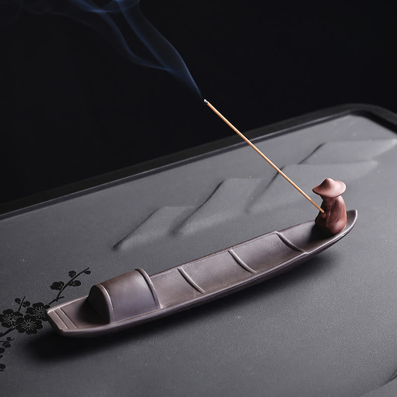 Buddha Stones Fisherman Boat Purple Clay Peace Healing Ceramic Stick Incense Burner Decoration