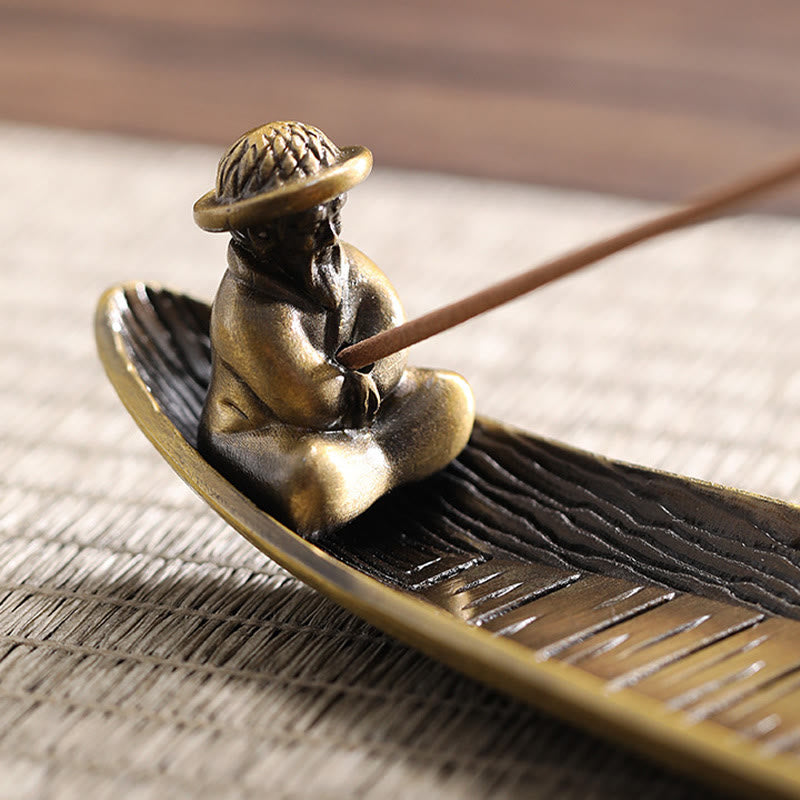 Buddha Stones Fisherman Boat Alloy Incense Stick Holder Healing Incense Burner Decoration